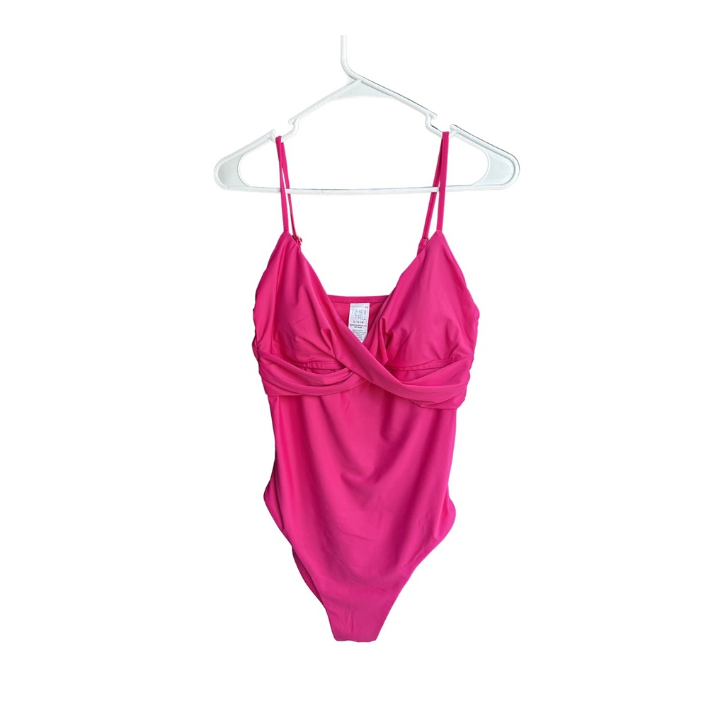 Time and Tru Womens Smokin Hot Pink Twist Front One Piece Swimsuit Large 12-14